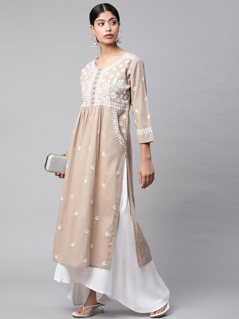 Asmita in HOK Chikankari Kurti for Women - Beige